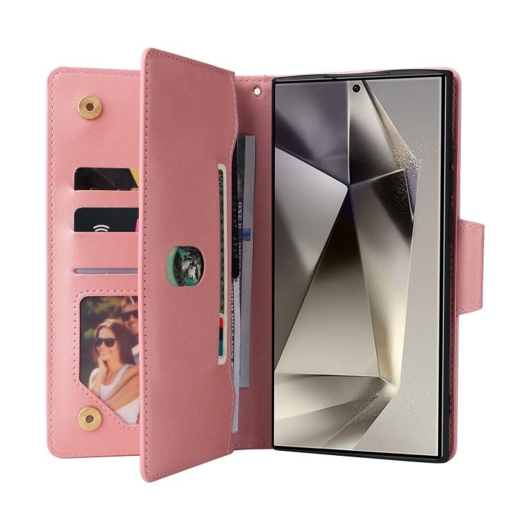 For Samsung Galaxy S25 Ultra 5G Rivet Buckle 9 Cards Three Fold Leather Phone Case(Rose Gold) by buy2fix