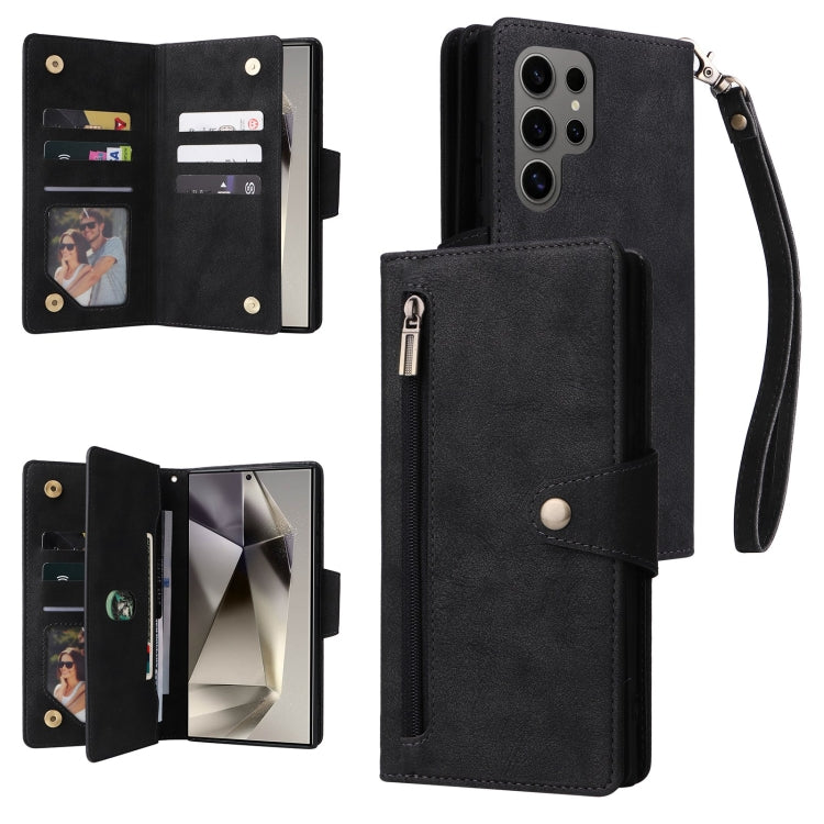 For Samsung Galaxy S25 Ultra 5G Rivet Buckle 9 Cards Three Fold Leather Phone Case(Black) by buy2fix