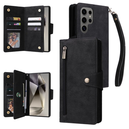 For Samsung Galaxy S25 Ultra 5G Rivet Buckle 9 Cards Three Fold Leather Phone Case(Black) by buy2fix