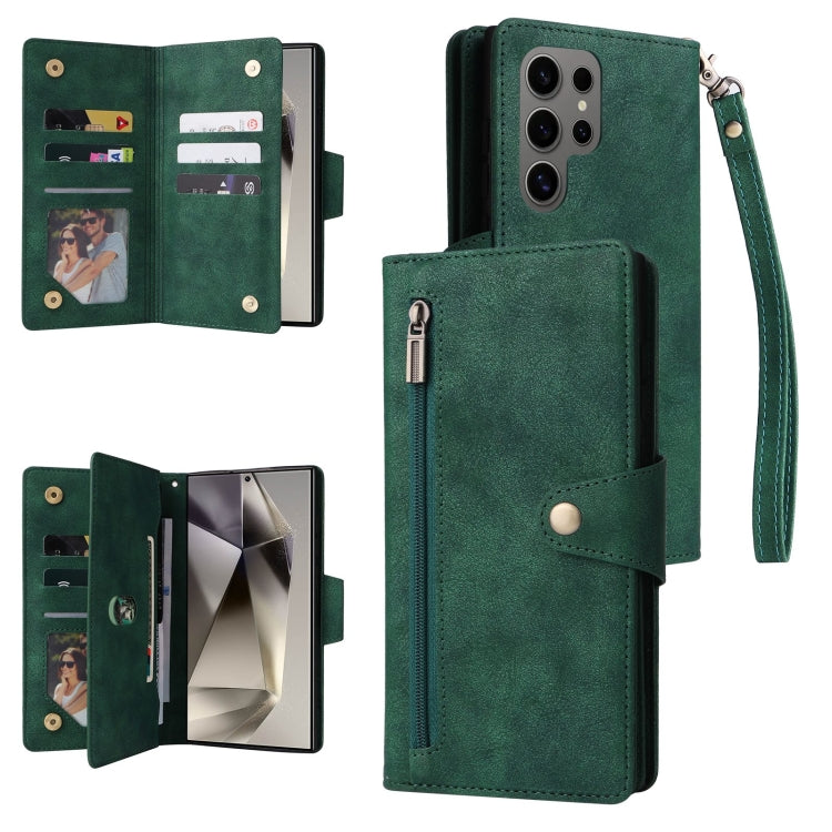 For Samsung Galaxy S25 Ultra 5G Rivet Buckle 9 Cards Three Fold Leather Phone Case(Green) by buy2fix