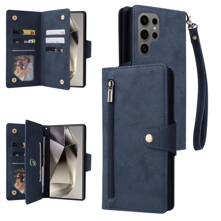 For Samsung Galaxy S25 Ultra 5G Rivet Buckle 9 Cards Three Fold Leather Phone Case(Blue) by buy2fix