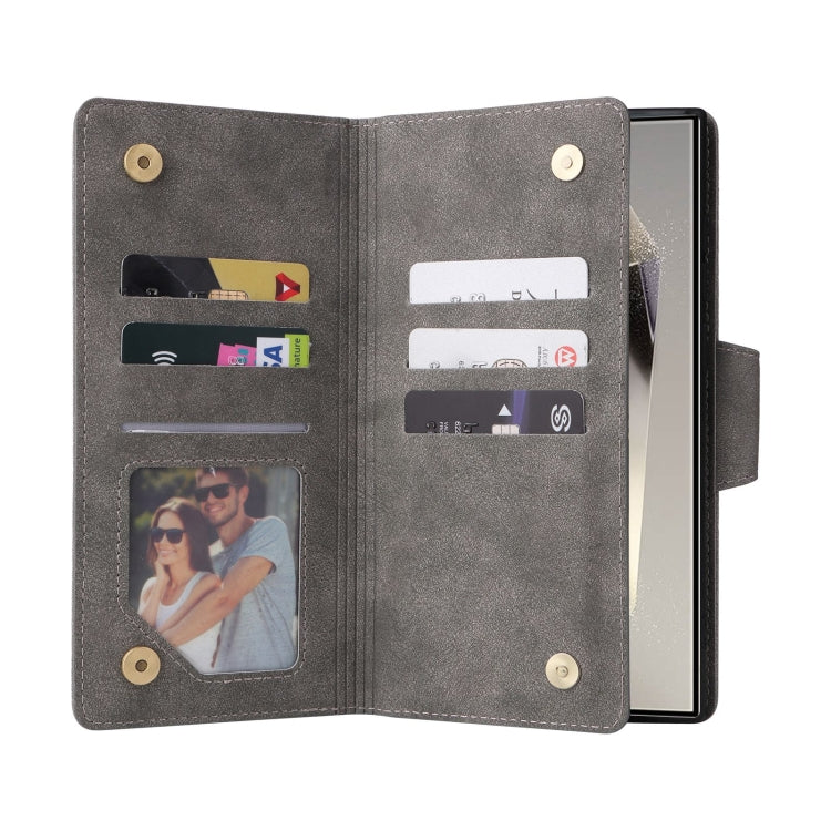 For Samsung Galaxy S25 Ultra 5G Rivet Buckle 9 Cards Three Fold Leather Phone Case(Grey) by buy2fix