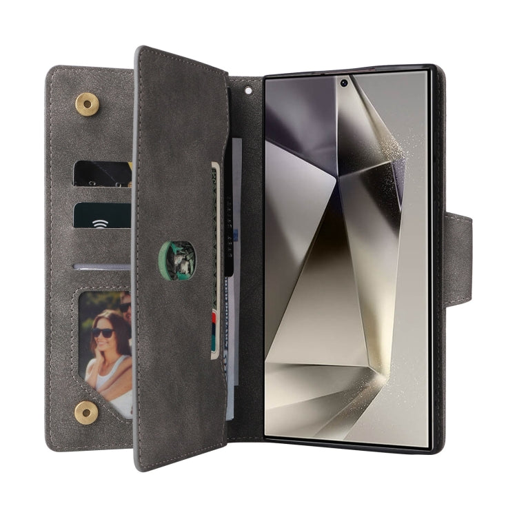 For Samsung Galaxy S25 Ultra 5G Rivet Buckle 9 Cards Three Fold Leather Phone Case(Grey) by buy2fix