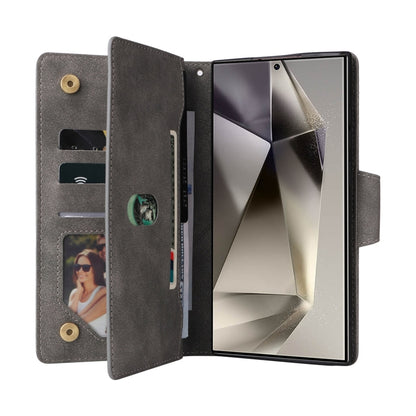 For Samsung Galaxy S25 Ultra 5G Rivet Buckle 9 Cards Three Fold Leather Phone Case(Grey) by buy2fix