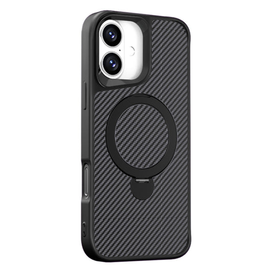 For iPhone 16 Plus Carbon Fiber Texture 360 MagSafe Holder Phone Case(Black) - iPhone 16 Plus Cases by buy2fix | Online Shopping UK | buy2fix