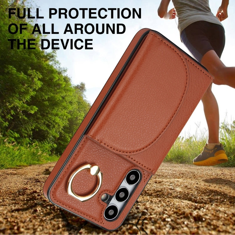 For Samsung Galaxy S25 5G Ring Holder Card Bag Skin Feel Phone Case(Brown) by buy2fix