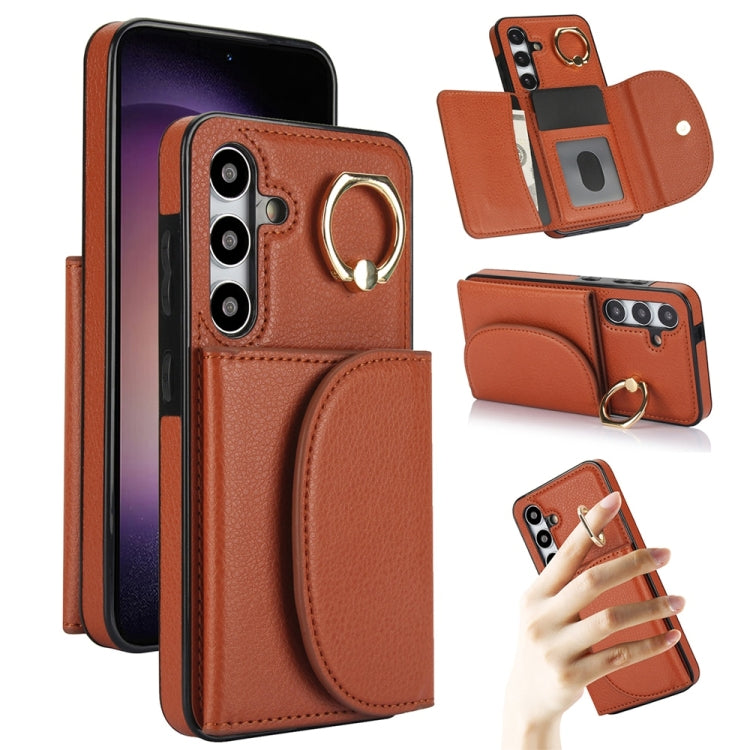 For Samsung Galaxy S25+ 5G Ring Holder Card Bag Skin Feel Phone Case(Brown) by buy2fix