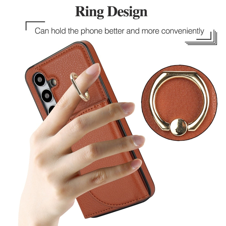 For Samsung Galaxy S25+ 5G Ring Holder Card Bag Skin Feel Phone Case(Brown) by buy2fix