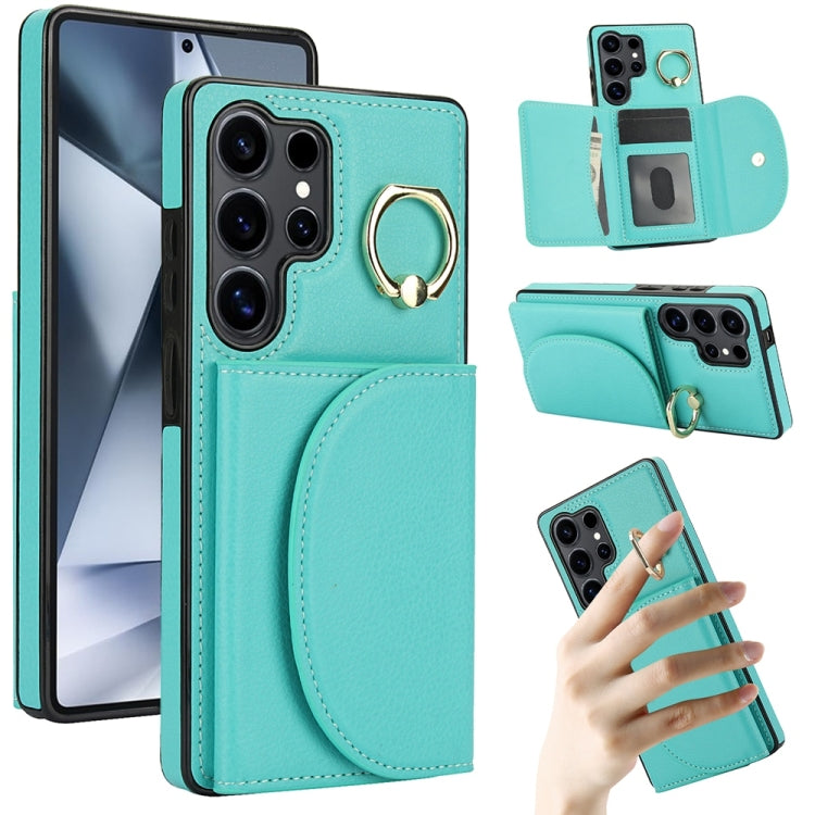 For Samsung Galaxy S25 Ultra 5G Ring Holder Card Bag Skin Feel Phone Case(Green) by buy2fix