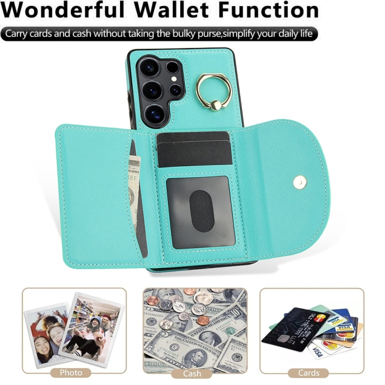 For Samsung Galaxy S25 Ultra 5G Ring Holder Card Bag Skin Feel Phone Case(Green) by buy2fix