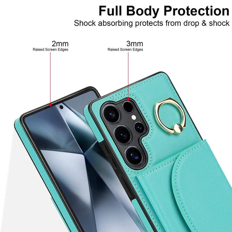 For Samsung Galaxy S25 Ultra 5G Ring Holder Card Bag Skin Feel Phone Case(Green) by buy2fix