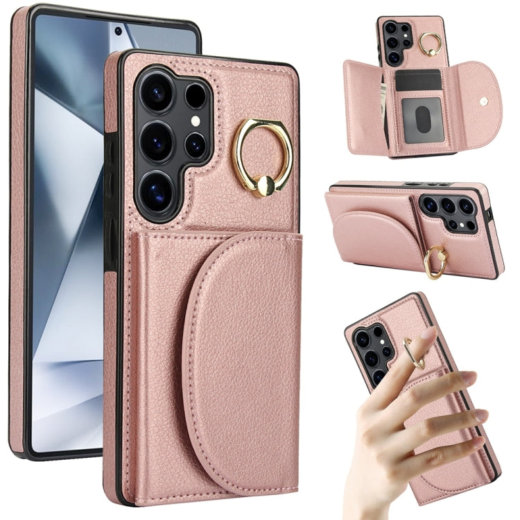 For Samsung Galaxy S25 Ultra 5G Ring Holder Card Bag Skin Feel Phone Case(Rose Gold) by buy2fix