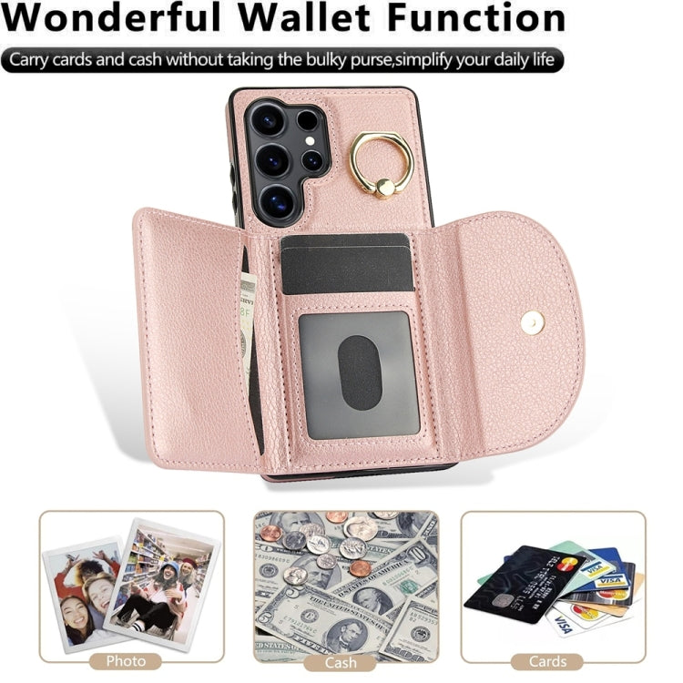For Samsung Galaxy S25 Ultra 5G Ring Holder Card Bag Skin Feel Phone Case(Rose Gold) by buy2fix