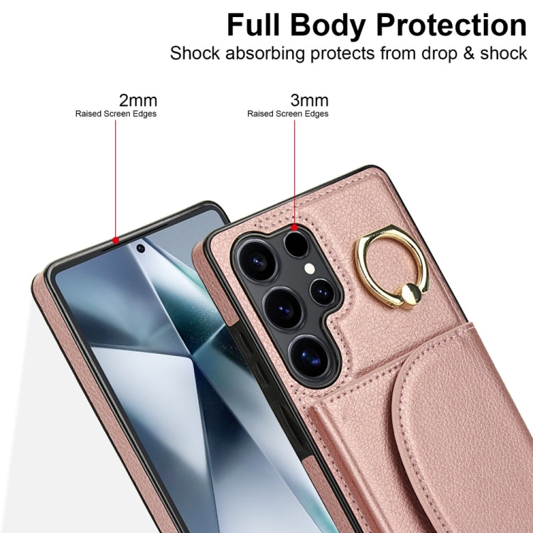 For Samsung Galaxy S25 Ultra 5G Ring Holder Card Bag Skin Feel Phone Case(Rose Gold) by buy2fix