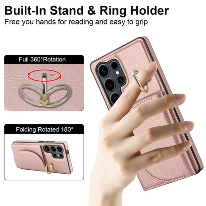 For Samsung Galaxy S25 Ultra 5G Ring Holder Card Bag Skin Feel Phone Case(Rose Gold) by buy2fix
