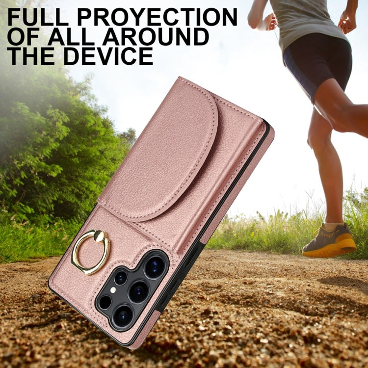For Samsung Galaxy S25 Ultra 5G Ring Holder Card Bag Skin Feel Phone Case(Rose Gold) by buy2fix