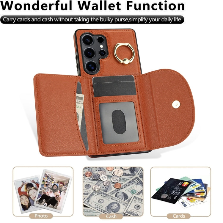 For Samsung Galaxy S25 Ultra 5G Ring Holder Card Bag Skin Feel Phone Case(Brown) by buy2fix