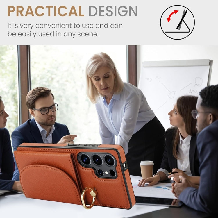 For Samsung Galaxy S25 Ultra 5G Ring Holder Card Bag Skin Feel Phone Case(Brown) by buy2fix