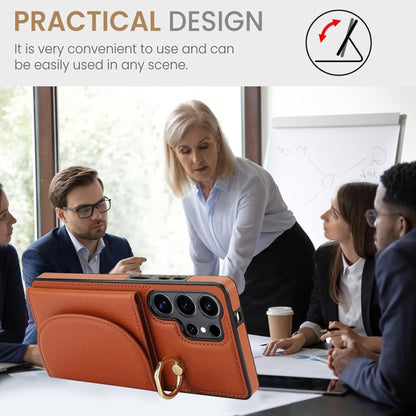 For Samsung Galaxy S25 Ultra 5G Ring Holder Card Bag Skin Feel Phone Case(Brown) by buy2fix