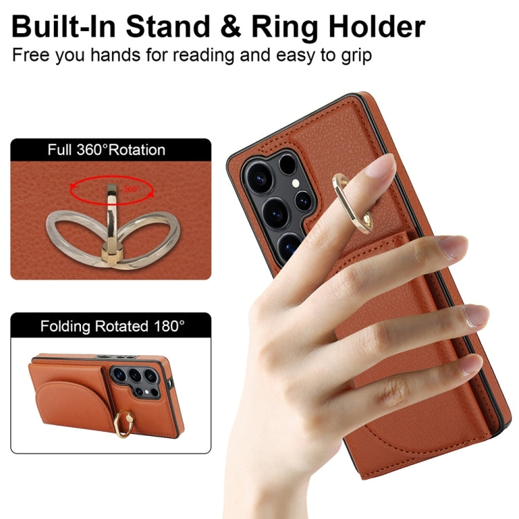 For Samsung Galaxy S25 Ultra 5G Ring Holder Card Bag Skin Feel Phone Case(Brown) by buy2fix