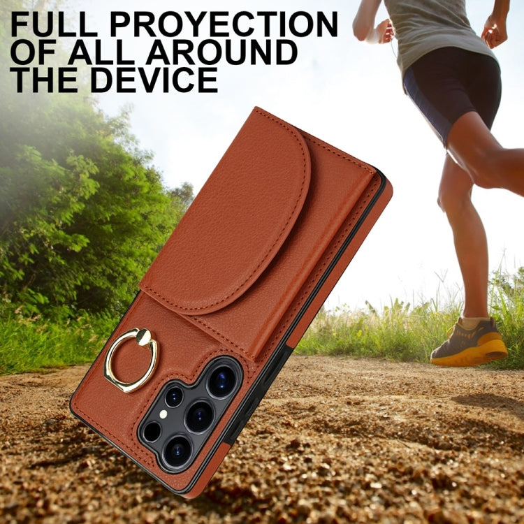 For Samsung Galaxy S25 Ultra 5G Ring Holder Card Bag Skin Feel Phone Case(Brown) by buy2fix
