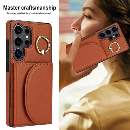 For Samsung Galaxy S25 Ultra 5G Ring Holder Card Bag Skin Feel Phone Case(Brown) by buy2fix