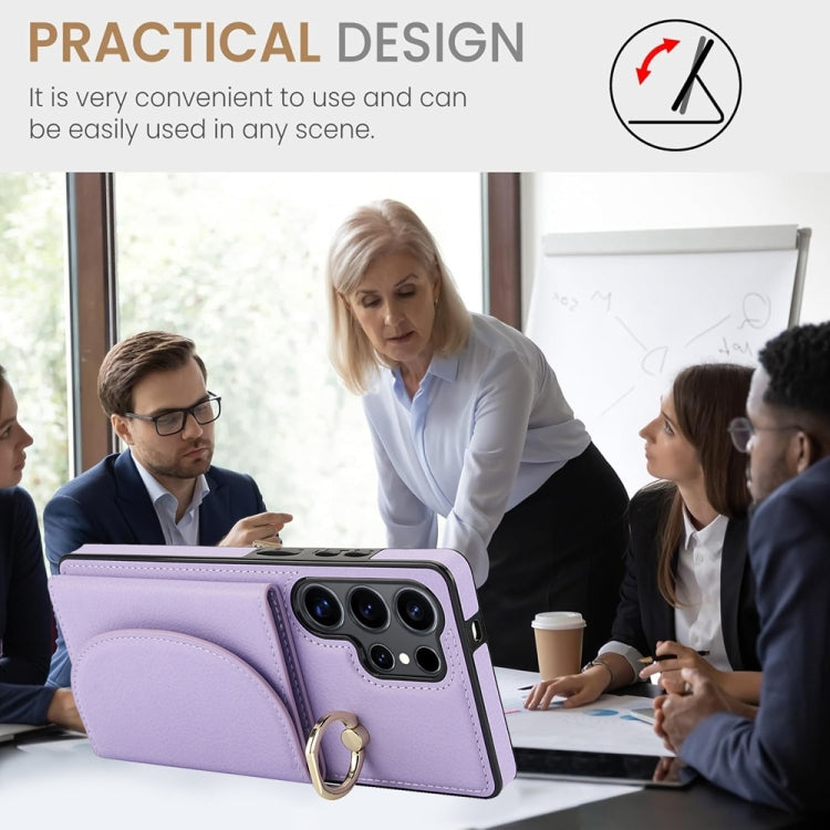 For Samsung Galaxy S25 Ultra 5G Ring Holder Card Bag Skin Feel Phone Case(Purple) by buy2fix