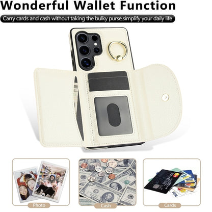 For Samsung Galaxy S25 Ultra 5G Ring Holder Card Bag Skin Feel Phone Case(White) by buy2fix