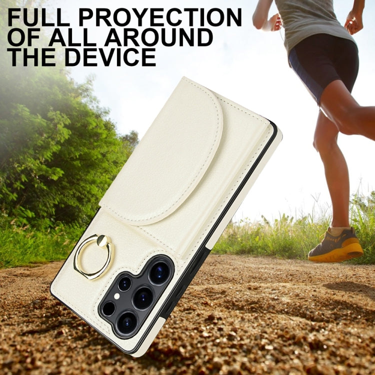 For Samsung Galaxy S25 Ultra 5G Ring Holder Card Bag Skin Feel Phone Case(White) by buy2fix