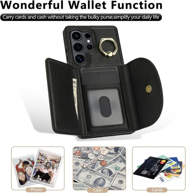 For Samsung Galaxy S25 Ultra 5G Ring Holder Card Bag Skin Feel Phone Case(Black) by buy2fix
