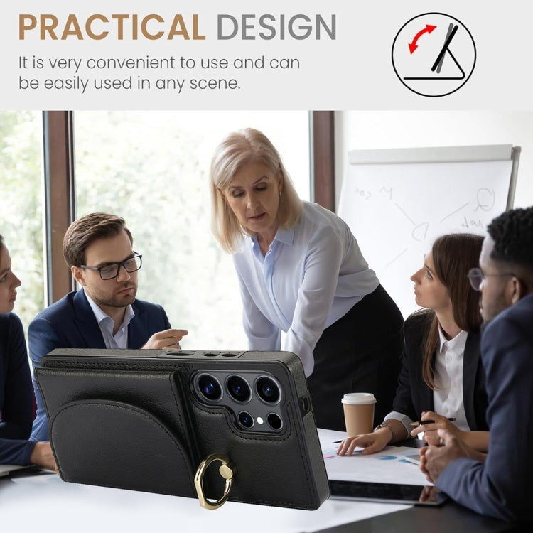 For Samsung Galaxy S25 Ultra 5G Ring Holder Card Bag Skin Feel Phone Case(Black) by buy2fix