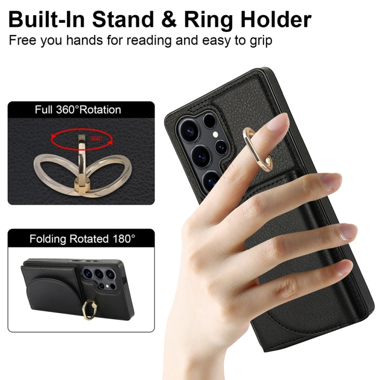 For Samsung Galaxy S25 Ultra 5G Ring Holder Card Bag Skin Feel Phone Case(Black) by buy2fix