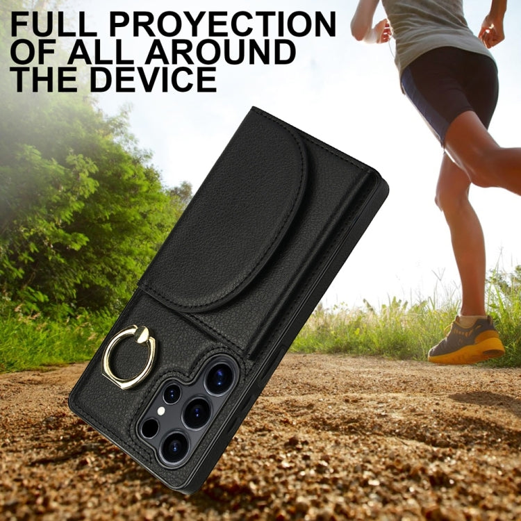 For Samsung Galaxy S25 Ultra 5G Ring Holder Card Bag Skin Feel Phone Case(Black) by buy2fix