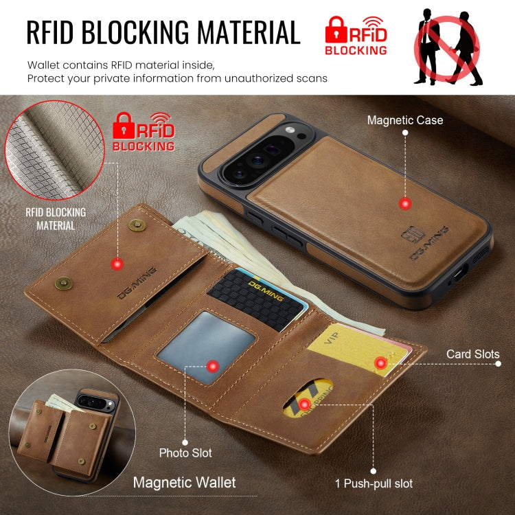 For Google Pixel 9 Pro XL DG.MING M6 Series RFID Tri-fold Card Bag Removable Leather Phone Case(Brown) - Google Cases by DG.MING | Online Shopping UK | buy2fix