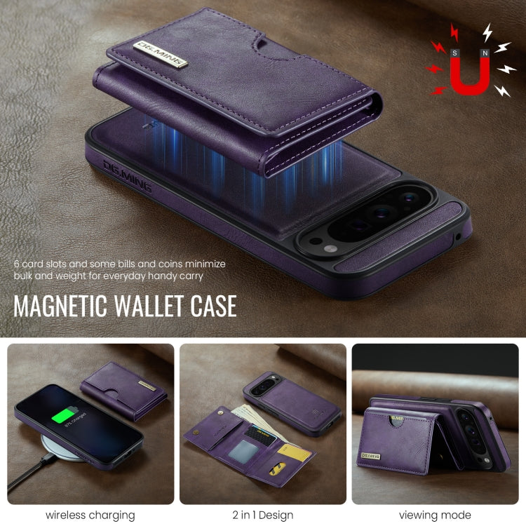 For Google Pixel 9 Pro XL DG.MING M6 Series RFID Tri-fold Card Bag Removable Leather Phone Case(Purple) - Google Cases by DG.MING | Online Shopping UK | buy2fix