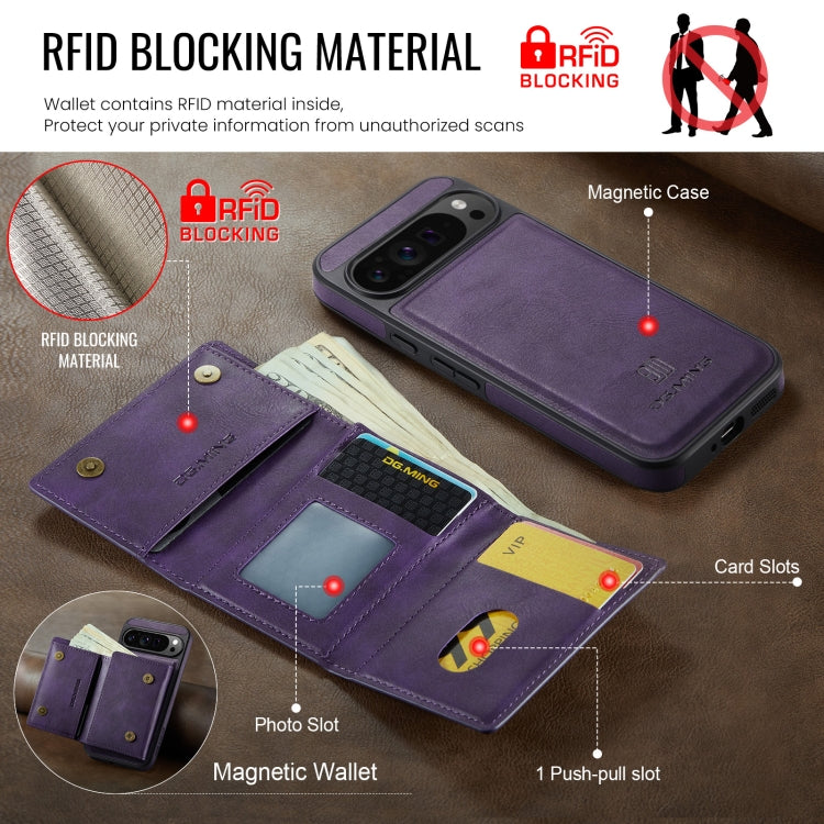 For Google Pixel 9 Pro XL DG.MING M6 Series RFID Tri-fold Card Bag Removable Leather Phone Case(Purple) - Google Cases by DG.MING | Online Shopping UK | buy2fix