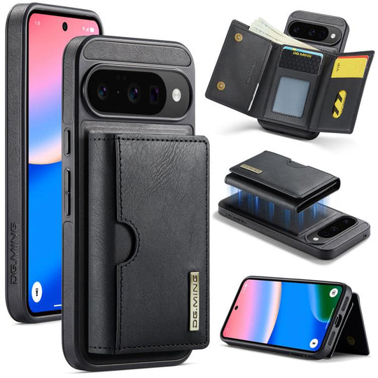 For Google Pixel 10 / Pixel 10 Pro DG.MING M6 Series RFID Tri-fold Card Bag Removable Leather Phone Case(Black)