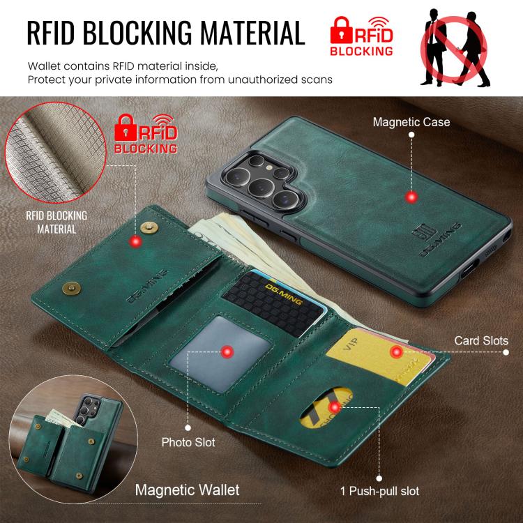 For Samsung Galaxy S25 Ultra 5G DG.MING M6 Series RFID Tri-fold Card Bag Removable Leather Phone Case(Green) - Galaxy S25 Ultra 5G Cases by DG.MING | Online Shopping UK | buy2fix