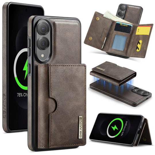 For Samsung Galaxy S25 Edge 5G DG.MING M6 Series RFID Tri-fold Card Bag Removable Leather Phone Case(Coffee)