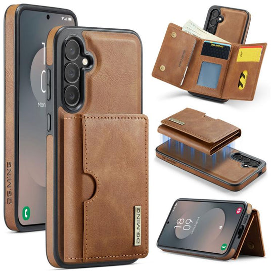 For Samsung Galaxy S25 FE 5G DG.MING M6 Series RFID Tri-fold Card Bag Removable Leather Phone Case(Brown)