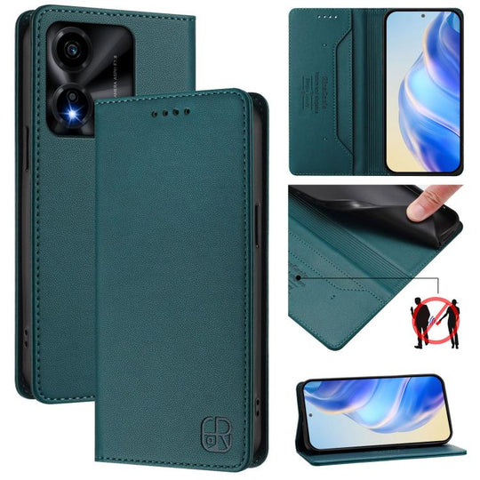 For Honor X5c Plus RC01 Dual-Folded Magnetic Suction RFID Leather Phone Case(Dark Green)