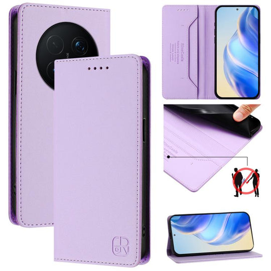 For Honor Magic8 Pro RC01 Dual-Folded Magnetic Suction RFID Leather Phone Case(Light Purple)