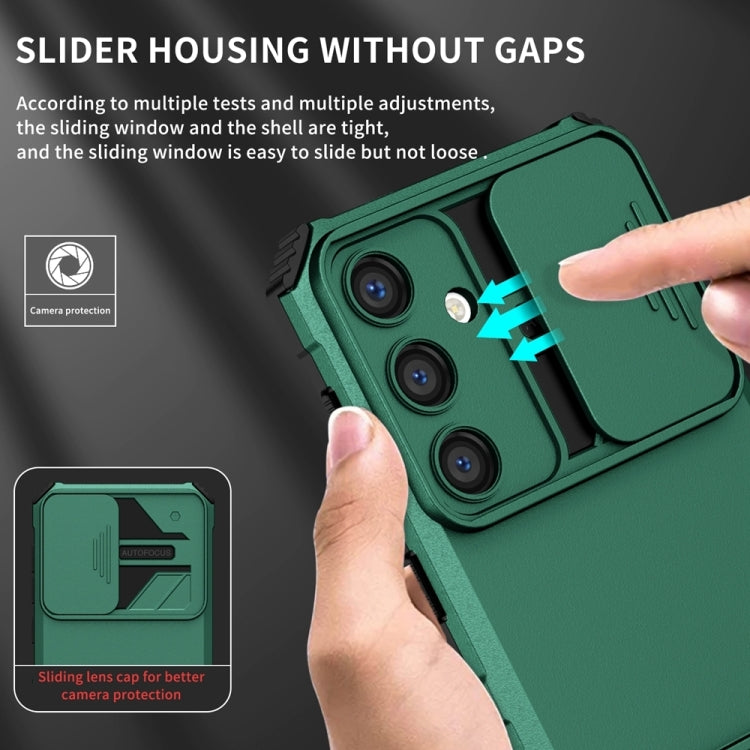 For Samsung Galaxy S25 5G Stereoscopic Holder Sliding Camshield Phone Case(Green) by buy2fix