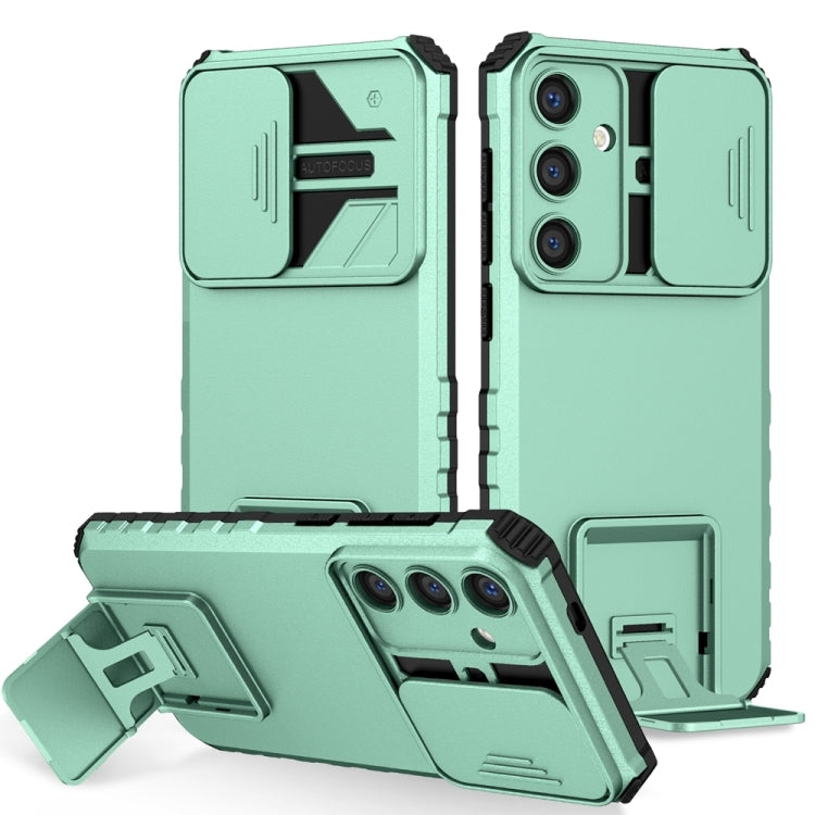 For Samsung Galaxy S25+ 5G Stereoscopic Holder Sliding Camshield Phone Case(Light Green) by buy2fix