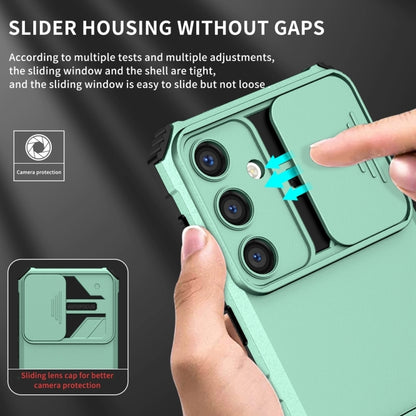 For Samsung Galaxy S25+ 5G Stereoscopic Holder Sliding Camshield Phone Case(Light Green) by buy2fix