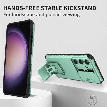 For Samsung Galaxy S25+ 5G Stereoscopic Holder Sliding Camshield Phone Case(Light Green) by buy2fix