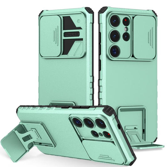 For Samsung Galaxy S25 Ultra 5G Stereoscopic Holder Sliding Camshield Phone Case(Light Green) by buy2fix