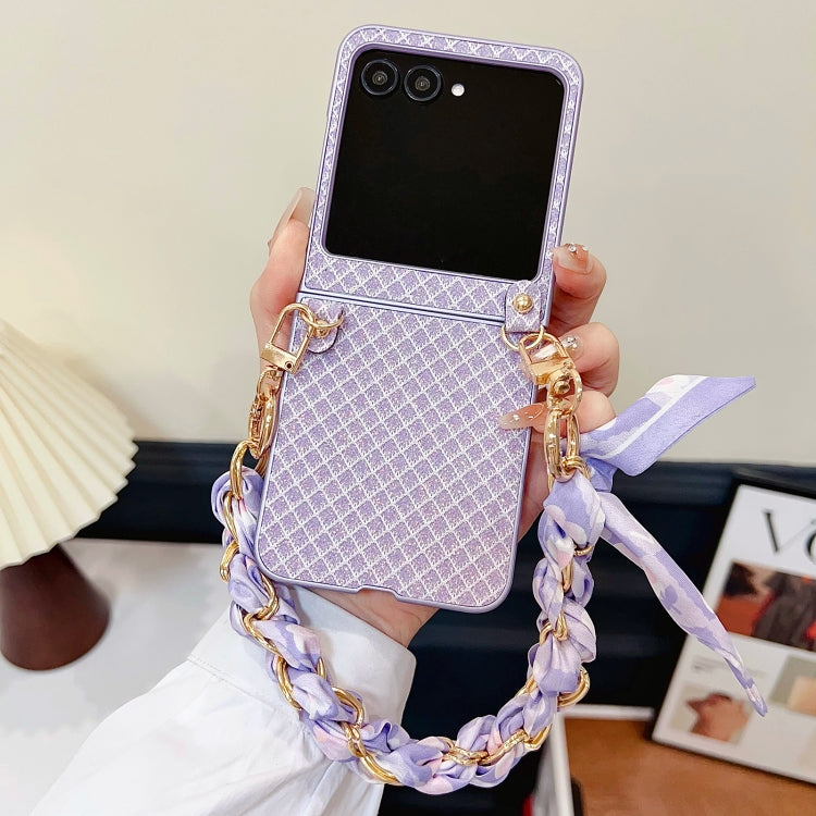 For Motorola Razr 50 Ultra Sparkling Diamond Rhombus PC Phone Case with Silk Scarf Bracelet(Purple) by buy2fix