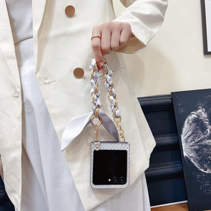 For Motorola Razr 50 Ultra Sparkling Diamond Rhombus PC Phone Case with Silk Scarf Bracelet(Silver) by buy2fix