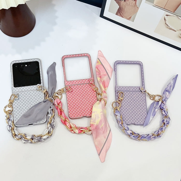 For Motorola Razr 50 Ultra Sparkling Diamond Rhombus PC Phone Case with Silk Scarf Bracelet(Silver) by buy2fix